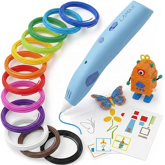 Bolígrafo 3D inalámbrico azul Lamax ArtKid1 con rollos de filamento de colores