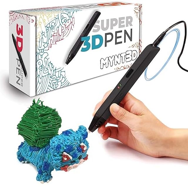 MYNT3D Super 3D Pen, bolígrafo negro delgado en la mano junto a su caja