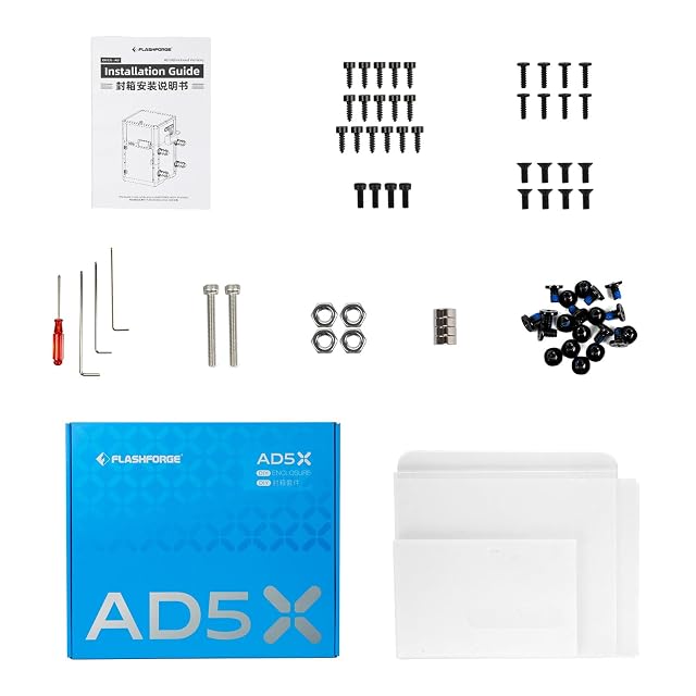 Piezas del kit de recinto Flashforge AD5X: paneles, tornillos, herramientas y guía de montaje