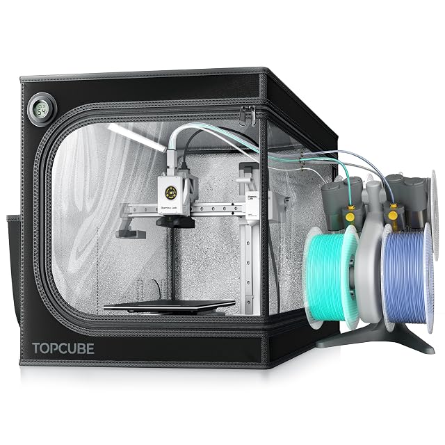 Recinto tipo tienda TOPCUBE con ventana e higrómetro alrededor de una impresora 3D compacta