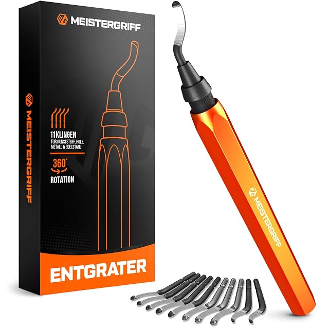 Desbarbador naranja MEISTERGRIFF con una cuchilla montada, diez cuchillas de repuesto y su caja negra con la palabra Entgrater