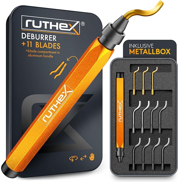 Desbarbador naranja ruthex con cuchilla dorada, y una caja metálica abierta con el mango, tres cuchillas doradas y ocho negras