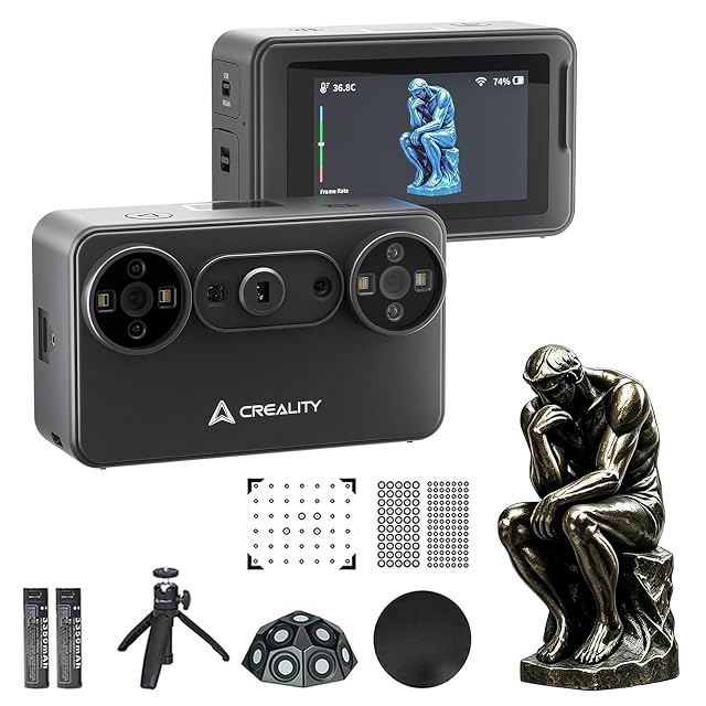 Escáner 3D compacto Creality Pika con su pantalla, baterías y trípode