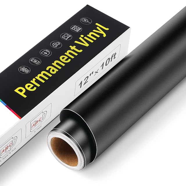 Rollo de vinilo negro mate junto a una caja con el texto Permanent Vinyl, 12 in × 10 ft