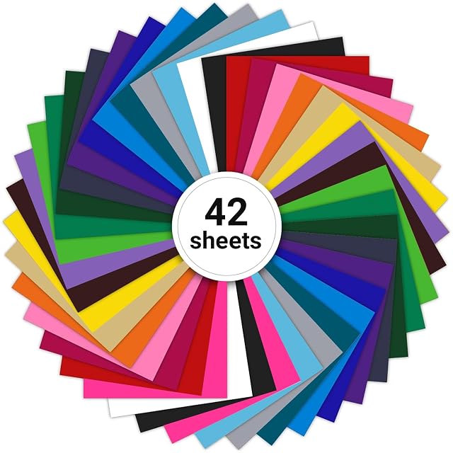 Cuarenta y dos hojas de vinilo de colores en círculo alrededor de una etiqueta 42 sheets