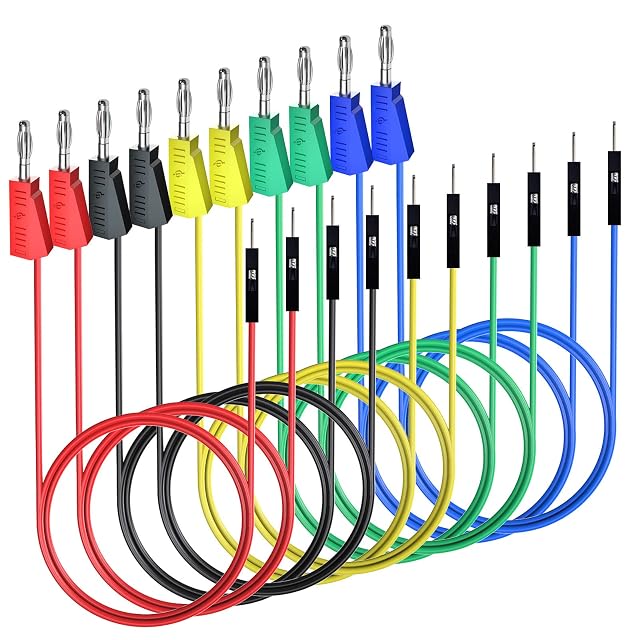Diez cables de silicona en pares rojo, negro, amarillo, verde y azul, con clavijas banana apilables en un extremo y pines en el otro