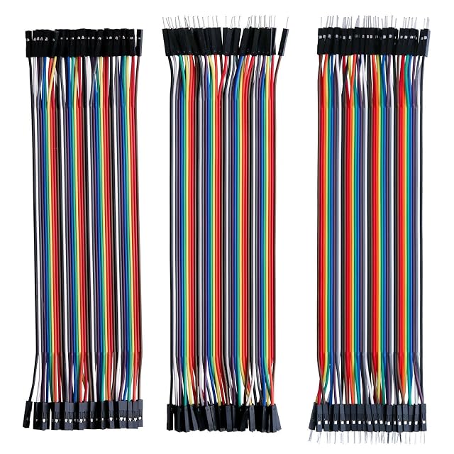 Tres cintas de cables puente arcoíris de igual longitud: zócalo a zócalo, zócalo a pin y pin a pin