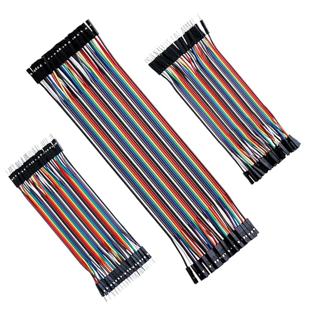 Tres cintas de cables puente arcoíris, una larga y dos cortas, con extremos de pin y de zócalo