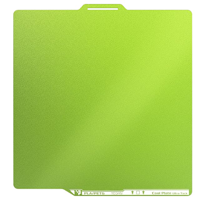 Placa verde YOOPAI con el texto PLA/PETG y Cool Plate Ultra Tack en su borde frontal