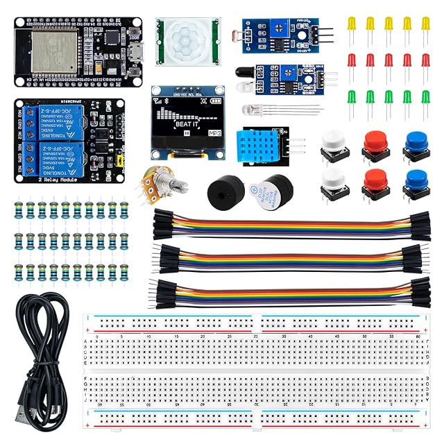 Piezas del kit de iniciación básico LAFVIN ESP32 con placa, placa de pruebas y módulos