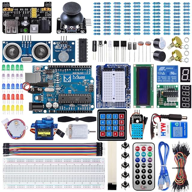 Piezas del kit de iniciación Miuzei MA13 con placa tipo UNO, placa de pruebas y módulos