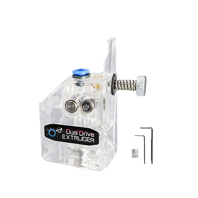 Extrusor transparente con la etiqueta Dual Drive Extruder, dos engranajes visibles dentro, con tornillo de tensión, muelle y dos llaves hexagonales