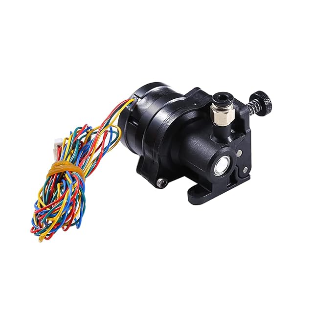 Extrusor directo compacto negro con motor redondo, cables de colores, rueda de tensión y racor rápido