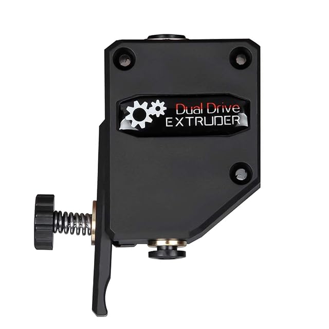 Extrusor negro con la etiqueta Dual Drive Extruder, con una rueda de tensión moleteada sobre un muelle