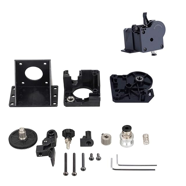 Kit de extrusor estilo Titan en piezas — soporte, mitades de carcasa, engranaje grande, engranaje de tracción, rueda, muelle, racor, tornillos, llaves hexagonales — junto a la unidad montada