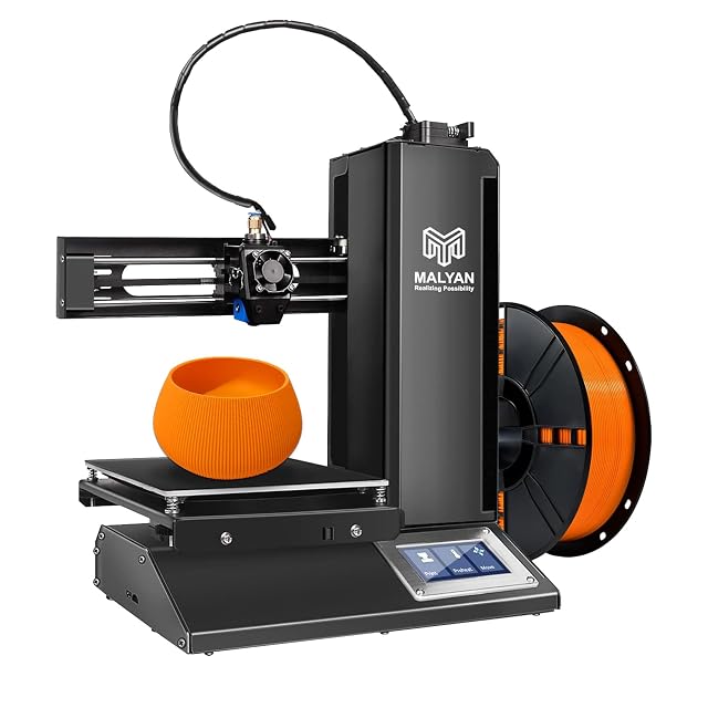 Impresora 3D compacta Malyan M320 con pantalla táctil y bobina de filamento naranja