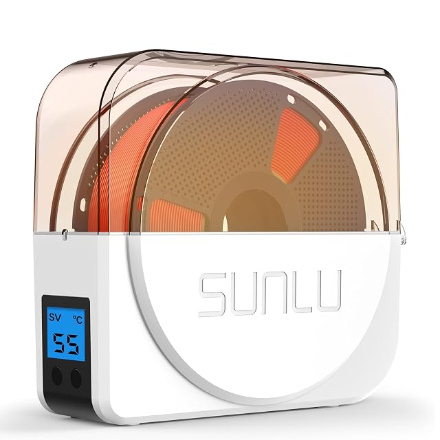 Caja secadora de filamento SUNLU S1 Plus con una bobina dentro y una pequeña pantalla LCD