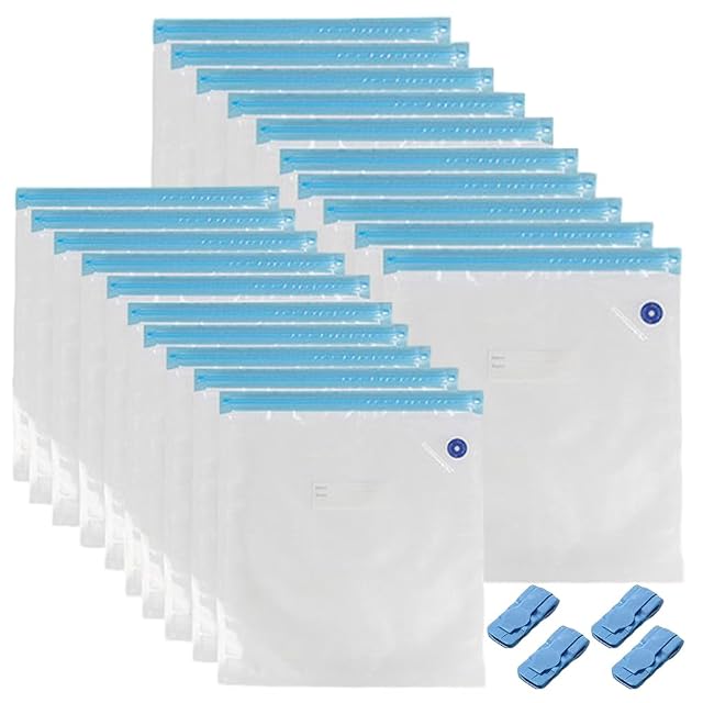 Veinte bolsas transparentes con cremallera azul, dos pilas de diez, cada bolsa delantera con una válvula redonda, y cuatro clips azules