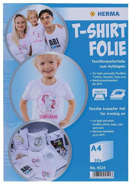 Paquete de HERMA T-Shirt Folie, A4 10 hojas, n.º 4524, con la indicación impresión por inyección de tinta y lavable a máquina hasta 40 °C
