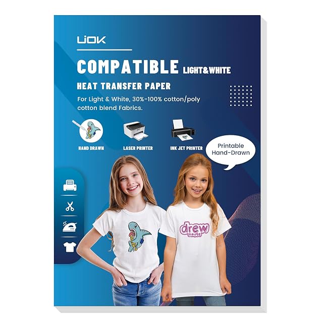 Paquete de papel de transferencia UIOK para tejidos claros y blancos de 30–100 % algodón, con iconos de dibujo a mano, láser e inyección de tinta