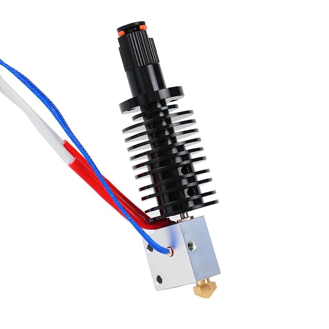 Hotend negro de aletas con bloque calefactor plateado, boquilla de latón, cables calefactores con funda roja y cable de termistor trenzado azul
