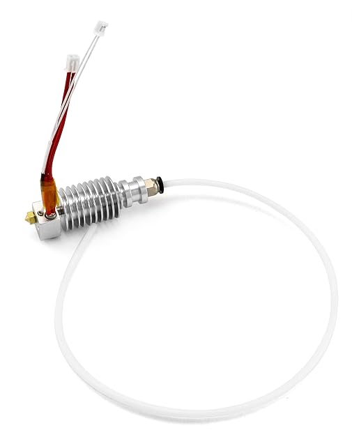 Hotend QWORK con disipador plateado de aletas, boquilla de latón, dos cables con conector y un tubo de PTFE blanco largo