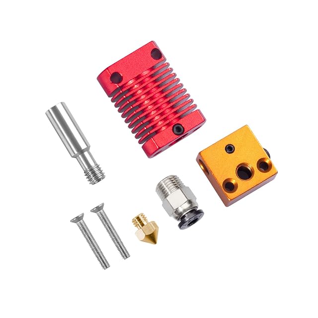 Piezas de hotend Redrex: disipador rojo de aletas, bloque calefactor dorado, garganta de acero, boquilla de latón, racor rápido y dos tornillos
