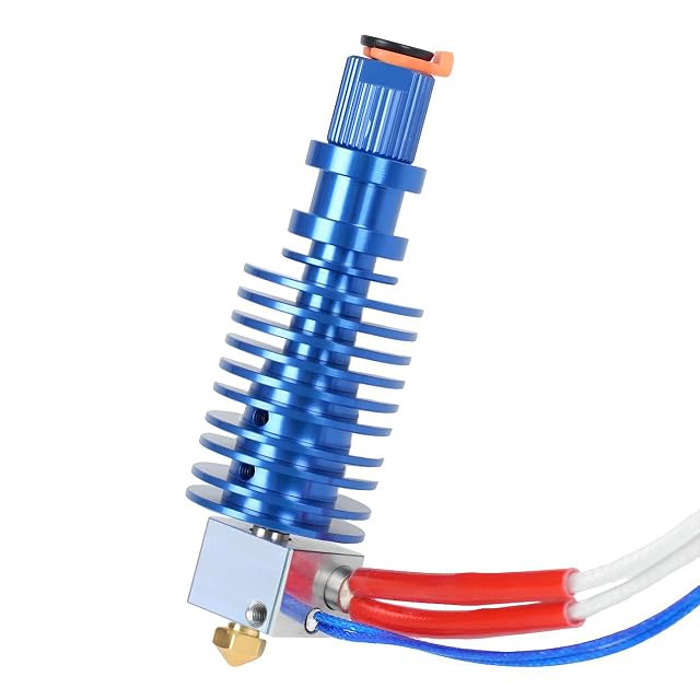 Hotend azul de aletas con bloque calefactor plateado, boquilla de latón, cables calefactores con funda roja y cable de termistor trenzado azul