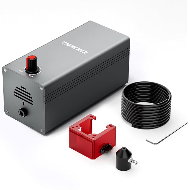 Bomba WOXCKER gris con mando rojo OFF–MAX, tubo negro enrollado, soporte de acrílico rojo, boquilla cónica negra y llave hexagonal