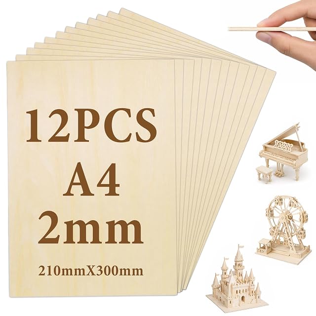 Planchas de contrachapado en abanico con el texto 12PCS A4 2mm 210mm × 300mm, con pequeños kits de maquetas de madera