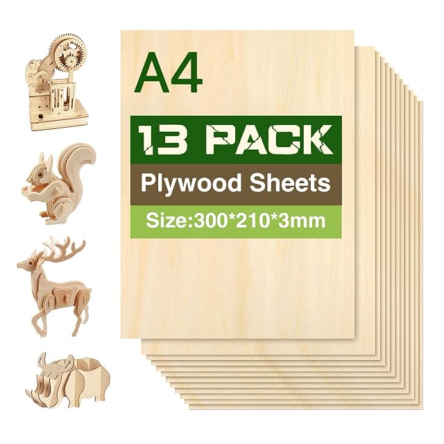 Pila de planchas de contrachapado con la etiqueta A4 13 PACK, 300 × 210 × 3 mm, con maquetas de animales de madera