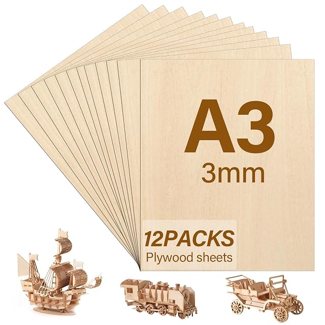 Planchas de contrachapado en abanico con el texto A3 3mm 12PACKS, con un barco, un tren y un coche de madera