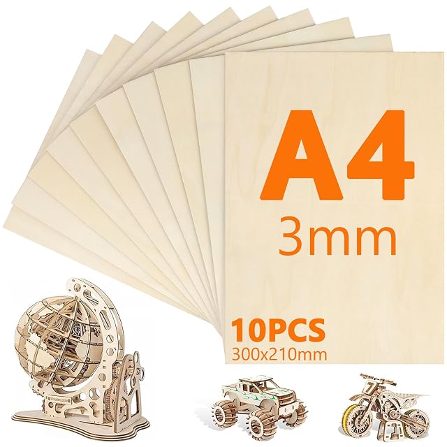 Planchas de contrachapado en abanico con el texto A4 3mm 10PCS 300 × 210mm, con un globo, un camión y una moto de madera