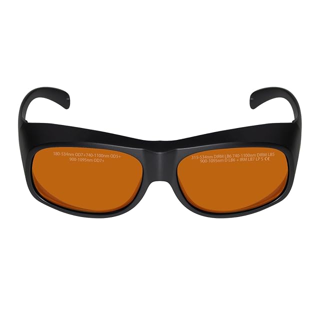 Montura LaserPair para llevar sobre gafas con lentes naranjas impresas con bandas de longitud de onda, valores OD y marcados DIRM LB