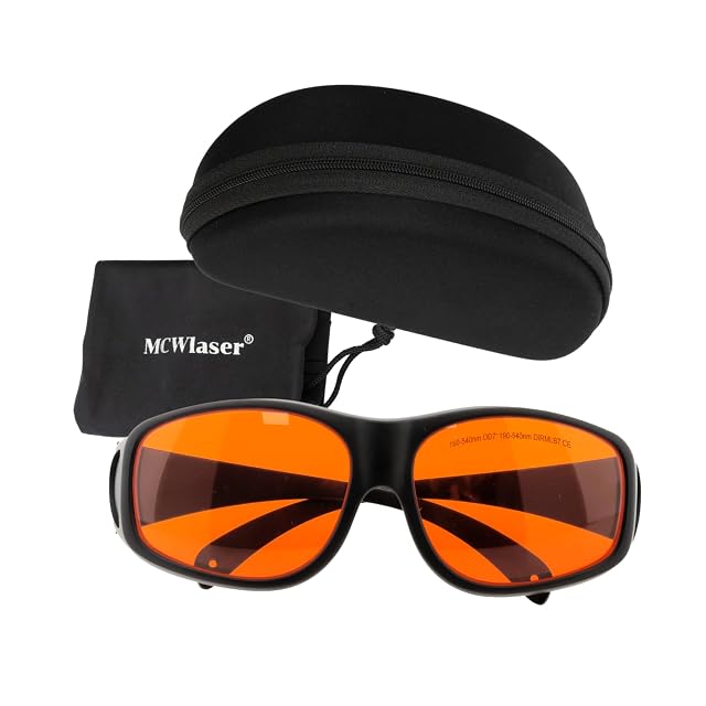 Gafas MCWlaser con lentes naranjas marcadas 190-540nm OD7+ DIRM LB7 CE, junto a un estuche con cremallera y una funda blanda