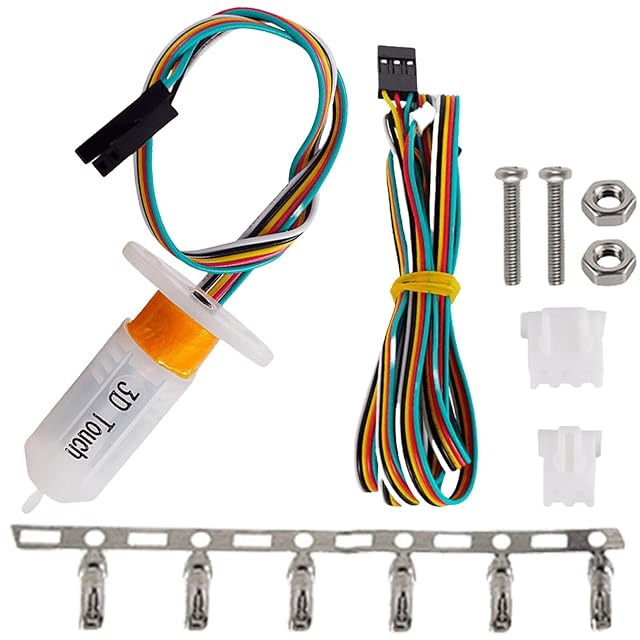 Sensor con el texto 3D Touch con su cable, un alargador, dos tornillos, dos tuercas, carcasas de conector y terminales para crimpar