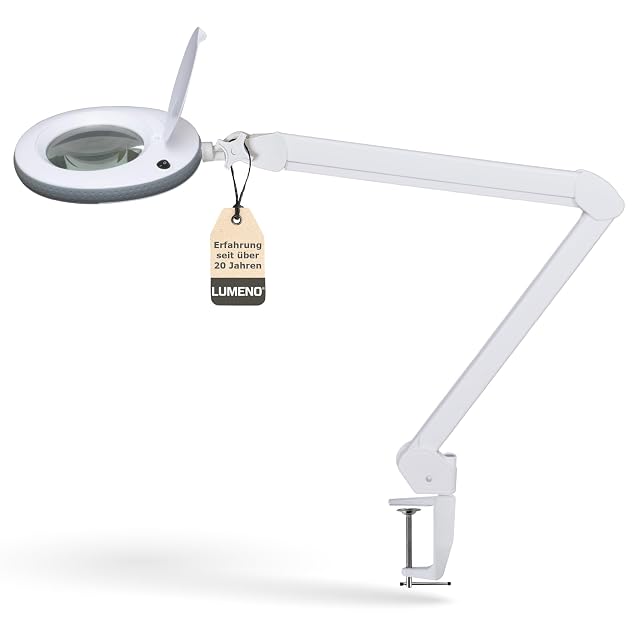 Lámpara lupa blanca Lumeno 7215GR con borde de goma gris y brazo articulado