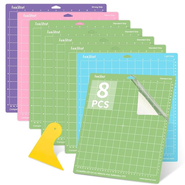 Ocho bases de Lya Vinyl en abanico — morada «Strong», rosa «Fabric», cinco verdes «Standard», azul «Light» — con una espátula amarilla