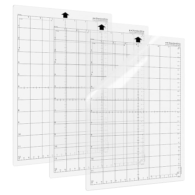 Tres bases transparentes StandardGrip con cuadrícula en pulgadas, rotuladas 8 in × 12 in (20.32 × 30.48 cm)