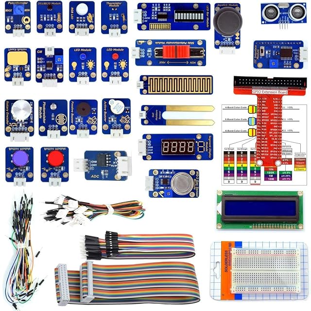 Módulos de Adeept dispuestos — pulsadores, zumbadores, LED, joystick, sensores ultrasónico, de gas y de humedad del suelo — con una pantalla LCD, una placa de expansión GPIO, cable plano, protoboard y cables puente