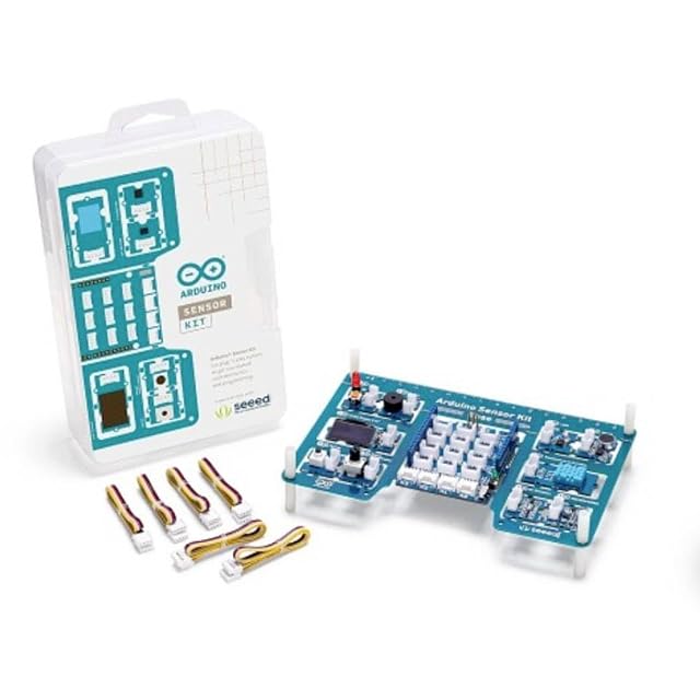 Caja del Sensor Kit de Arduino con un logotipo de Seeed, una placa base con módulos y una pantalla, y seis cables de cuatro pines