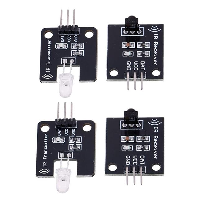 Dos placas IR Transmitter con LED transparentes y dos placas IR Receiver, cada una marcada DAT, VCC y GND