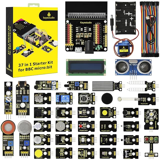 Caja del kit KEYESTUDIO 37 in 1, shield micro:bit, portapilas, microservo, cables puente, cable USB, pantalla LCD, sensor ultrasónico y filas de módulos