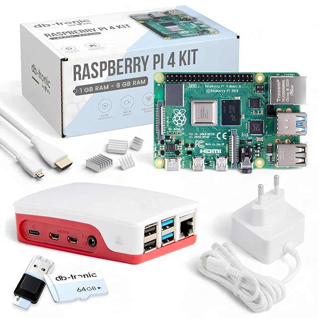 Kit de inicio Raspberry Pi 4 de db-tronic con caja roja y blanca, fuente de alimentación y cables