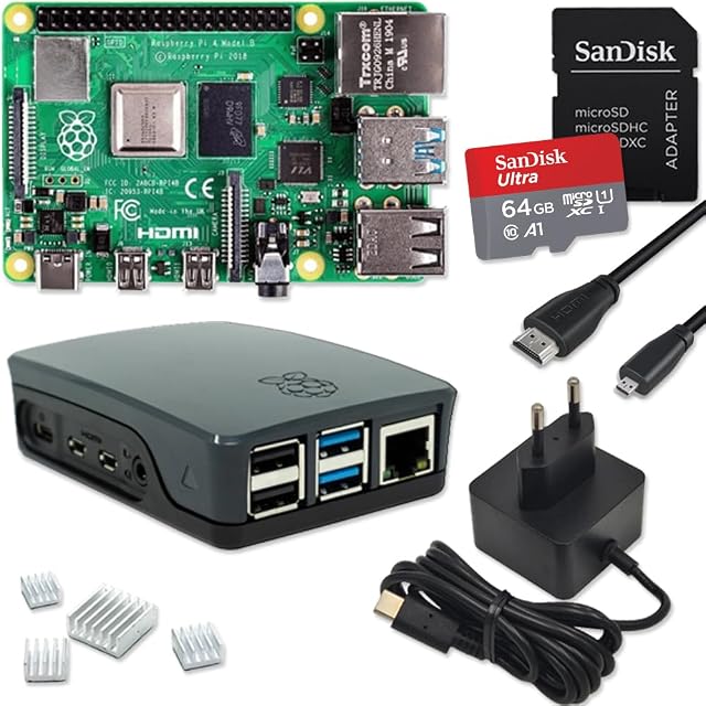 Kit de inicio Raspberry Pi 4 con caja negra, fuente de alimentación, tarjeta de memoria y cables