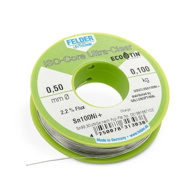 Bobina FELDER ISO-Core Ultra-Clear, 0,50 mm, 0,100 kg, fundente 2,2 %, Sn100Ni+, distribuida por GALLUNOPTIMAL