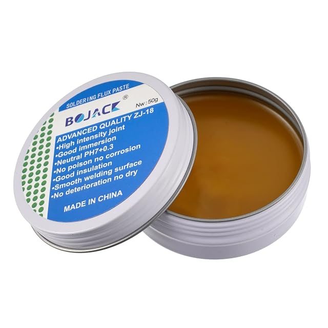 Lata abierta de BOJACK con pasta ámbar rotulada Soldering Flux Paste, Advanced Quality ZJ-18, Nw 50 g