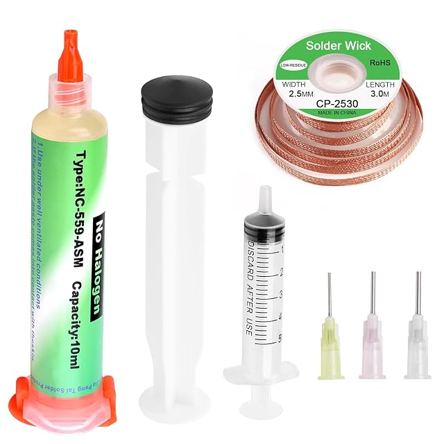 Jeringa de fundente NC-559-ASM de 10 ml marcada sin halógenos, un émbolo, una jeringa de 5 ml, tres agujas y una bobina de malla desoldadora marcada 2,5 mm × 3,0 m