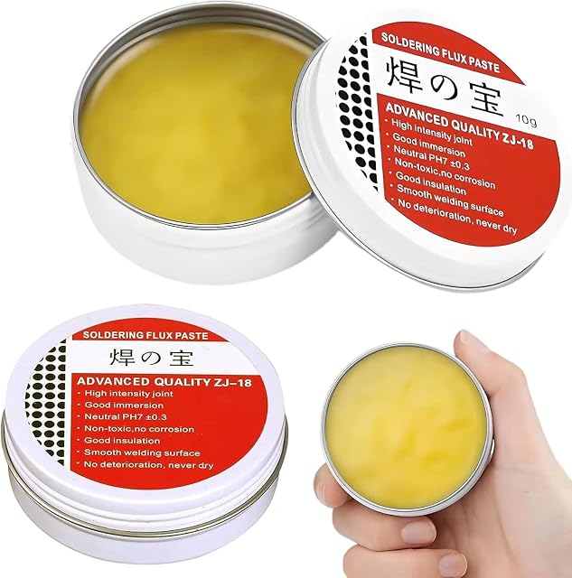 Dos latas de 10 g de pasta amarilla rotuladas Soldering Flux Paste, Advanced Quality ZJ-18, pH neutro 7 ± 0,3