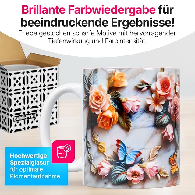 Taza blanca impresa con rosas y mariposas junto a una caja estampada de Subli-Print